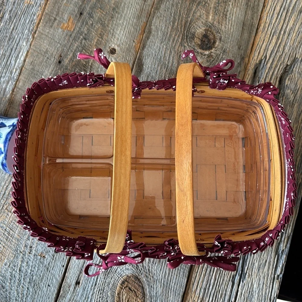 Longaberger Woven Handled Basket with Burgundy Fabric and Insert Liner